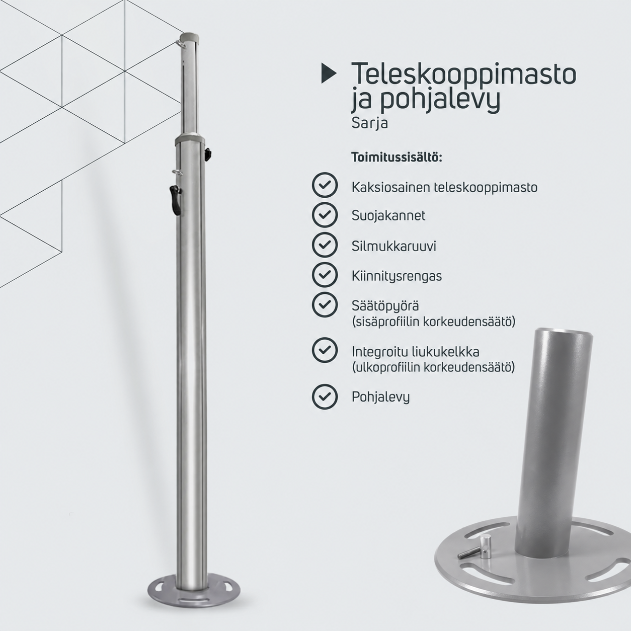 Teleskooppimasto pohjalevyllä – tuotetiedot