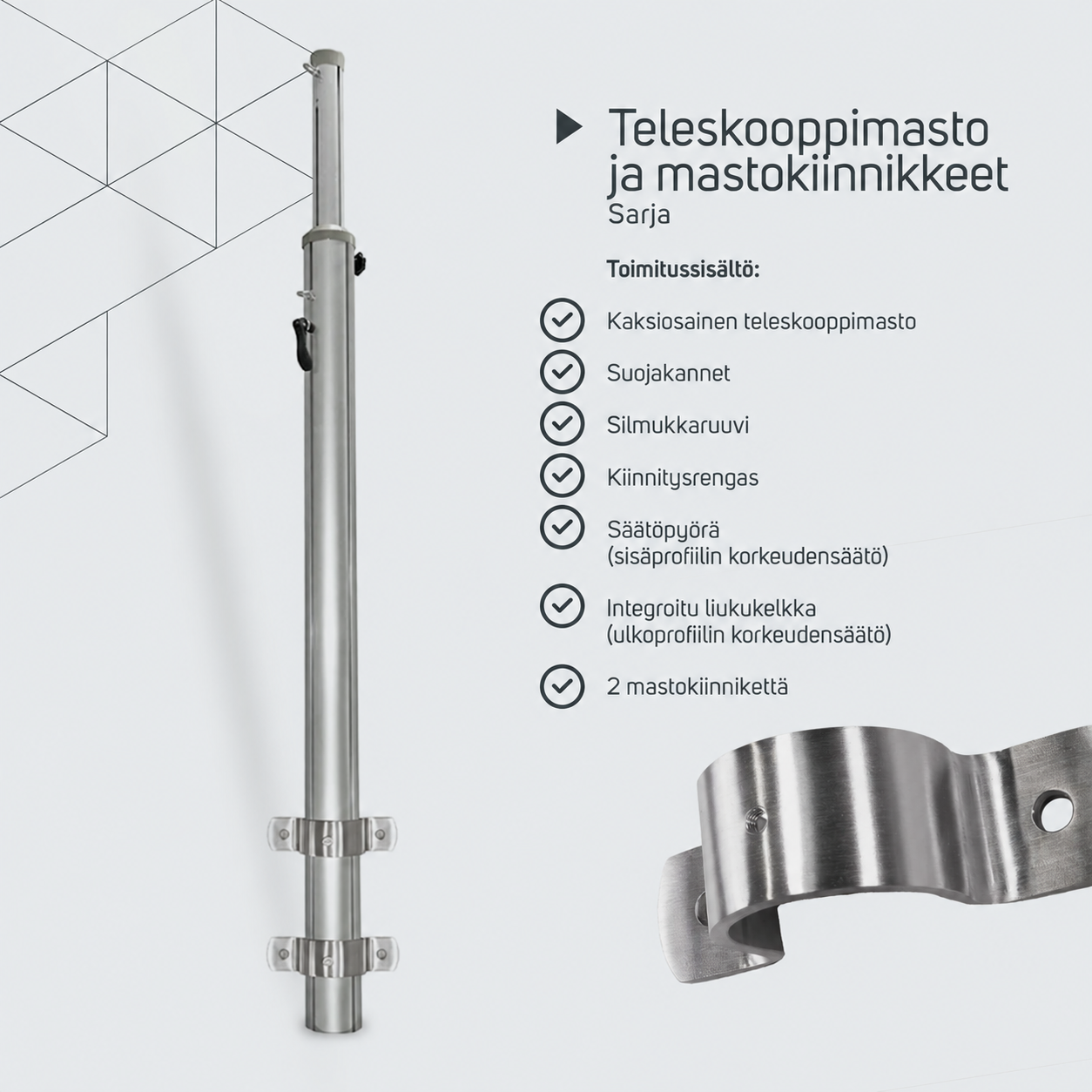 Teleskooppimasto kahdella seinäkiinnikkeellä – tuotetiedot