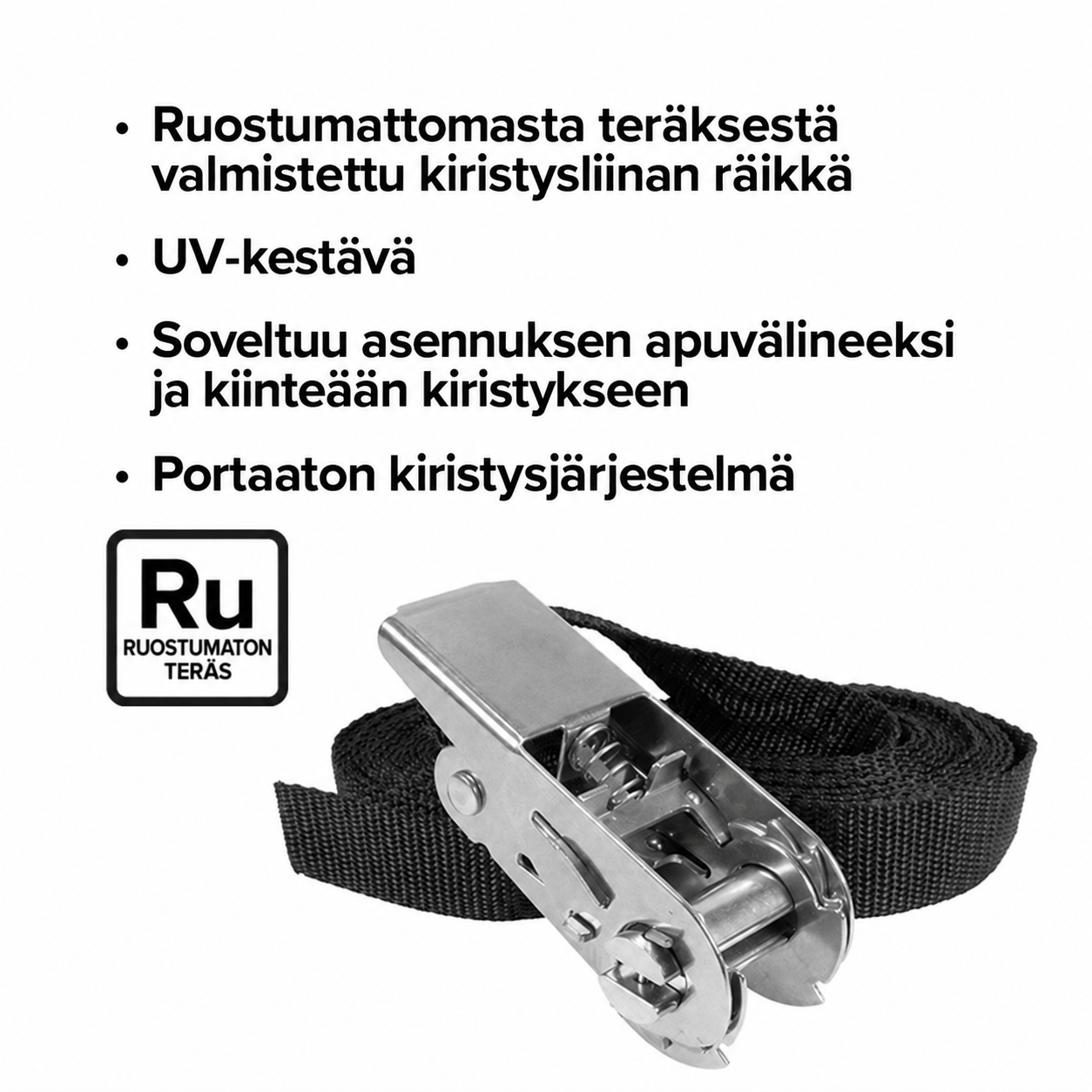 Kiristyshihna ruostumattomalla räikällä – tuotetiedot